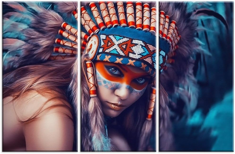 Native American Woman Girl Canvas Wall Art Paintings Colorful Feathered Prints 3 Panles Paintings for Home Walls Decoration Framed Ready to Hang