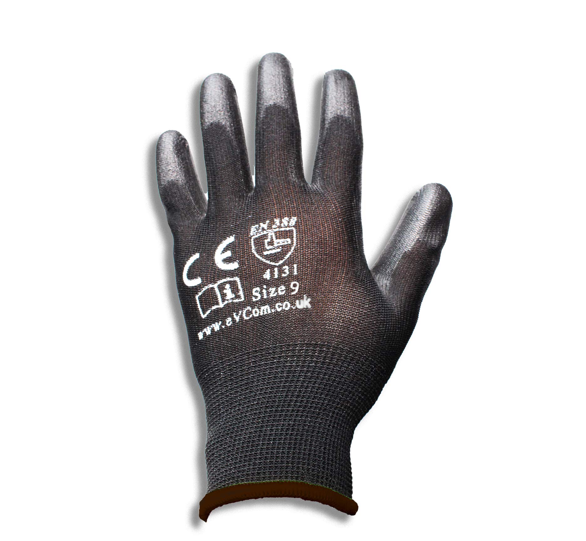 eVCom 12pairs PU Coated Black Work Gloves (improved quality). For Builders, Mechanics, Construction, Logistics & Gardening chores (Large)