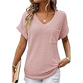 Dokotoo Womens Waffle Knit Tops 2026 Spring Summer V Neck Shirts Casual Trendy Women's Blouses Basic Tee