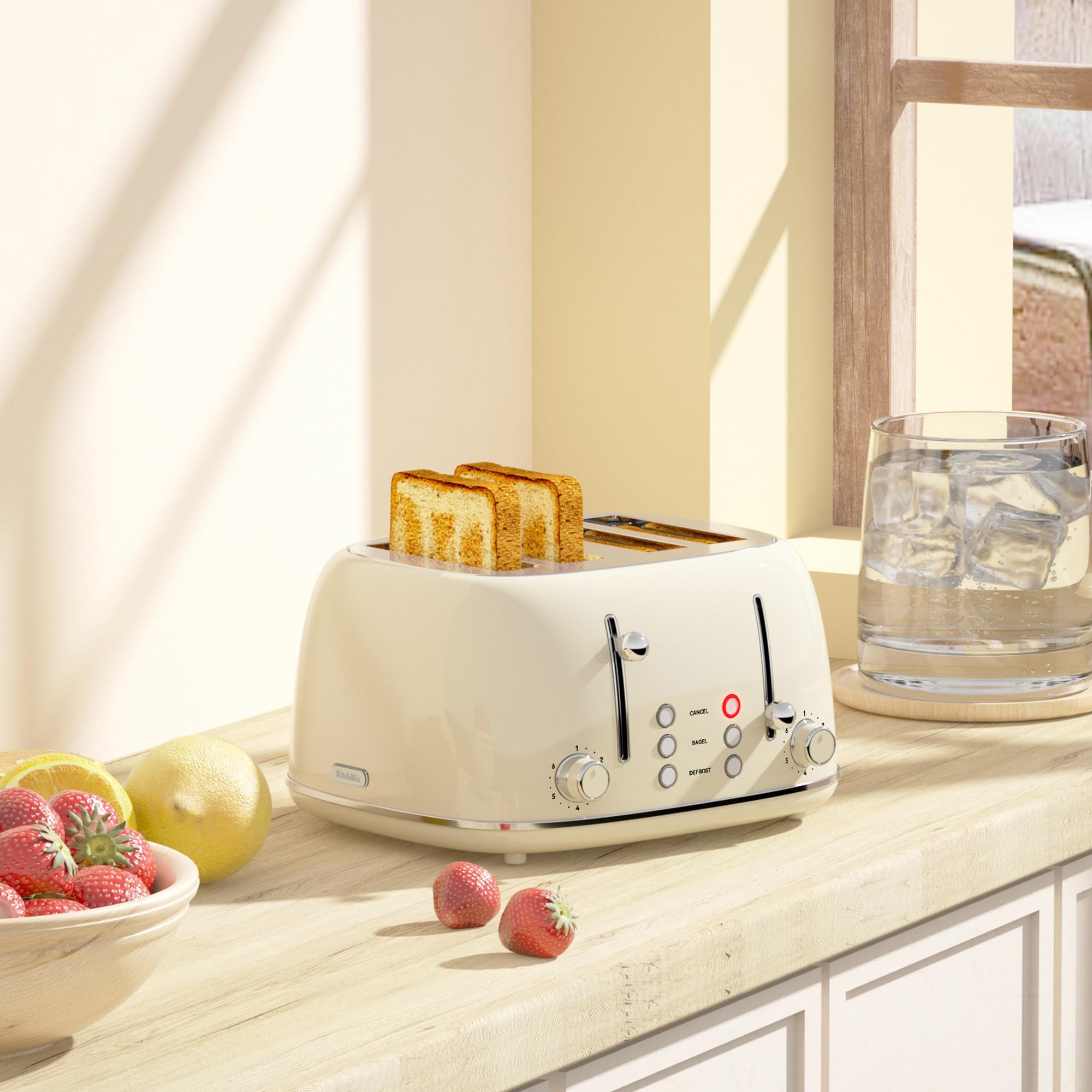 Tostadora de 4 rebanadas, acero inoxidable retro con 6 configuraciones de pantalla de pan, tostadora con ranuras de 1.5 pulgadas de ancho con funciones de cancelar/descongelar/recalentar, panel de control dual independiente, bandeja para migas de extracción (crema)