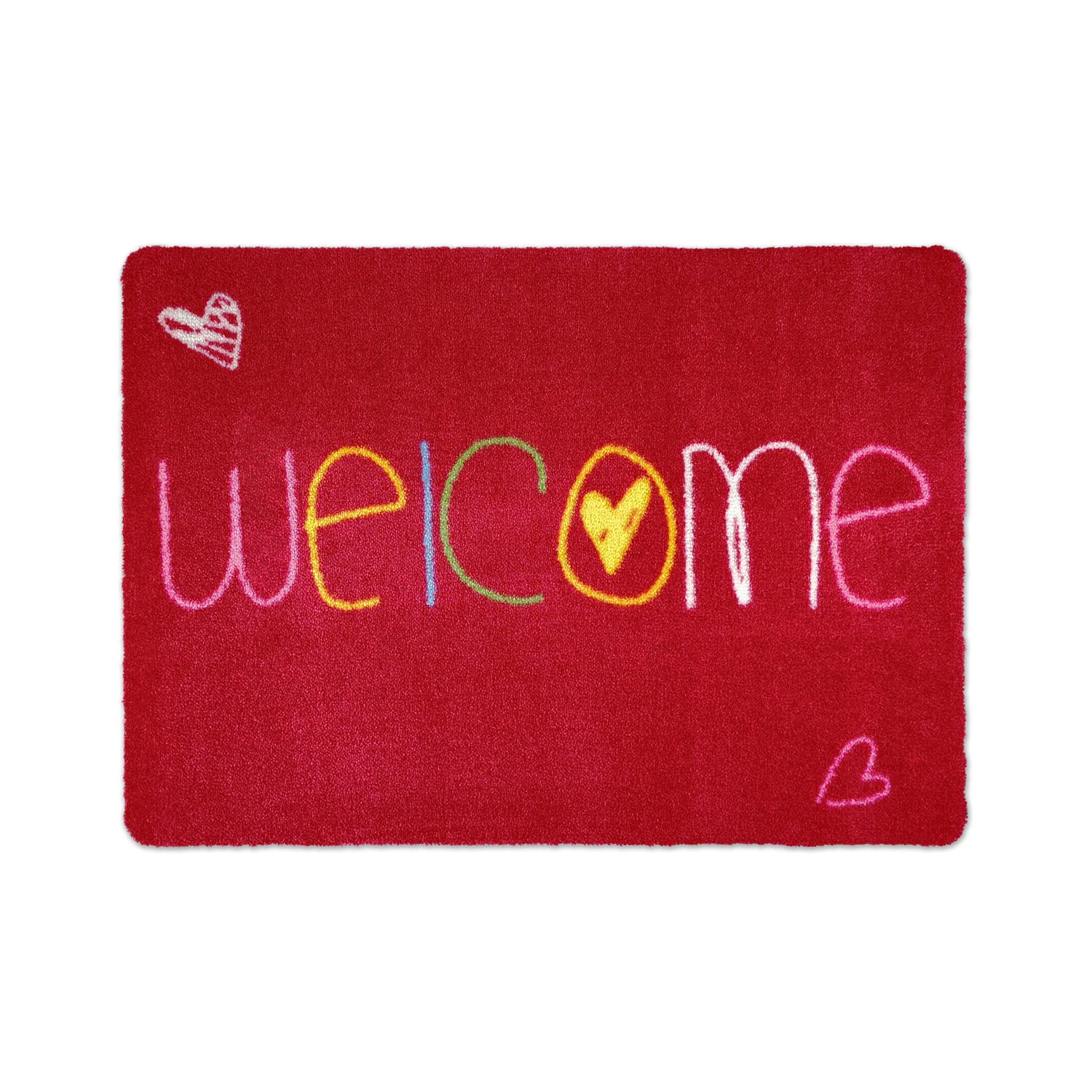 Non-Slip Washable Foot Mat For Entrance Area And Outdoor, Polyester Fabric, High Quality Dirt Stopper Mat Deco Mat Welcome Door Mat In Different Sizes And Designs, Welcome Heart Red, 40 x 60 cm