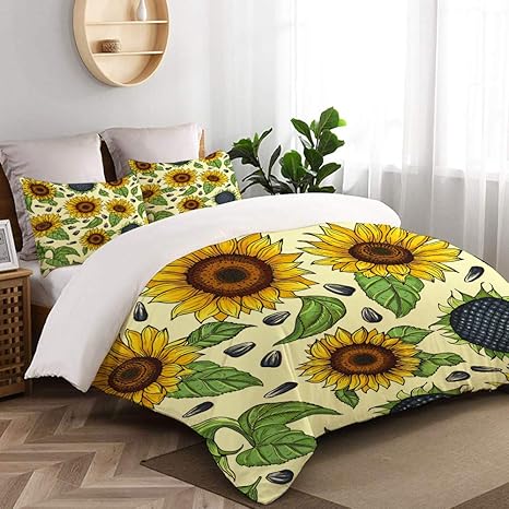 Amazon Mimuti 布団カバーシングル 3点セット シームレスパターン黄色ひまわりイラストひまわり 肌に優しい掛けふとん 枕カバー 洋式 和式兼用ベッドカバー150x210cm 寝具カバーセット オンライン通販