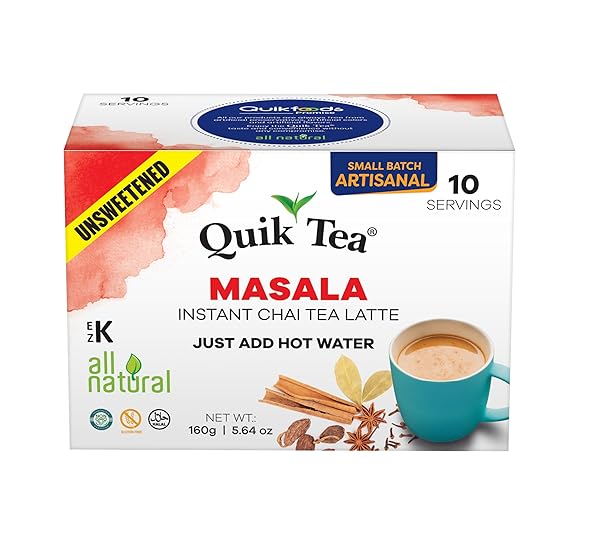 QUIKTEA VEGAN UNSWEETENED MASALA INSTANT CHAI TEA LATTE – 10 COUNT SINGLE BOX – CONVENIENT, EASY AYURVEDIC DAIRY FREE ALTERNATIVE – ALL NATURAL NON GMO SUPERFOOD