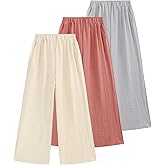 EXARUS 3 Pack Girls Wide Leg Pants Loose Trousers Linen Flowy with Pockets Elastic Waist Casual for Kids 6-12Y