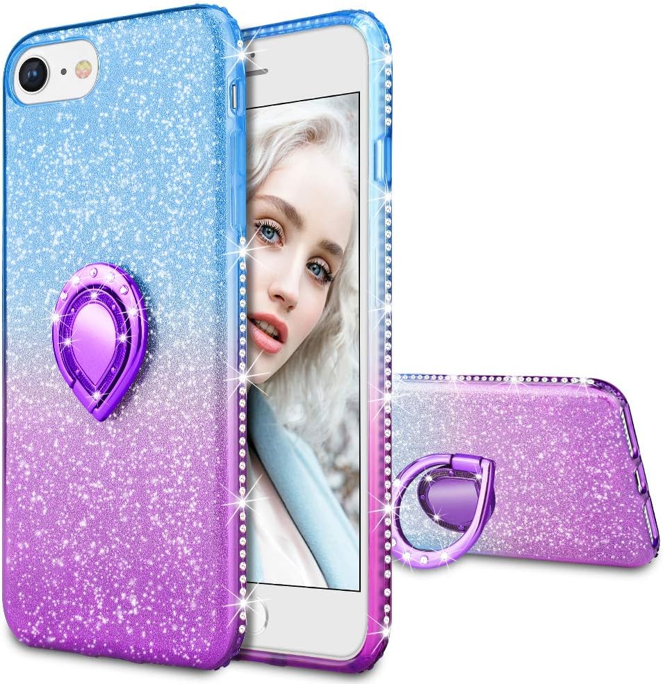 Maxdara Case for iPhone 8 iPhone 7, iPhone SE 2020 Glitter Case Shiny Bling Diamond Rhinestone Kickstand Ring Grip Holder Pretty Girls Women Case for iPhone 6/6s/7/8/SE 2020 4.7 inches (Blue Purple)