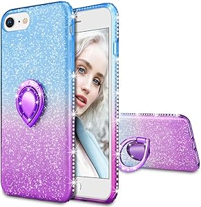 Maxdara Case for iPhone 8 iPhone 7, iPhone SE 2020 Glitter Case Shiny Bling Diamond Rhinestone Kickstand Ring Grip Holder Pretty Girls Women Case for iPhone 6/6s/7/8/SE 2020 4.7 inches (Blue Purple)