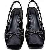 Aogulousdamai Satin Ballet Heels for Women Slingback Square Toe Bow Heels Chunky Heel Ballerina Pumps with Strap Maryjane Wedding Flats for Bride Elegant Party Shoes