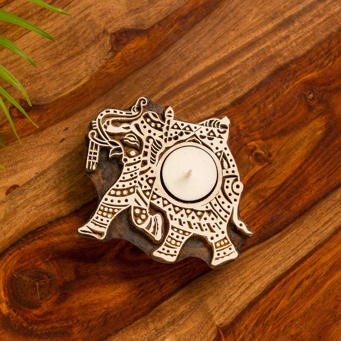 ExclusiveLane Dazzling Elephant HandCarved Block TeaLight Holder