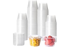 HOMIP 100Pack 4oz Disposable Plastic Portion Cups with Lids, Small Mini Sauce Cups for Portion Control, Salad Dressing Cups, Airtight and Stackable Condiment Cups for Party, Holiday and Daily Use