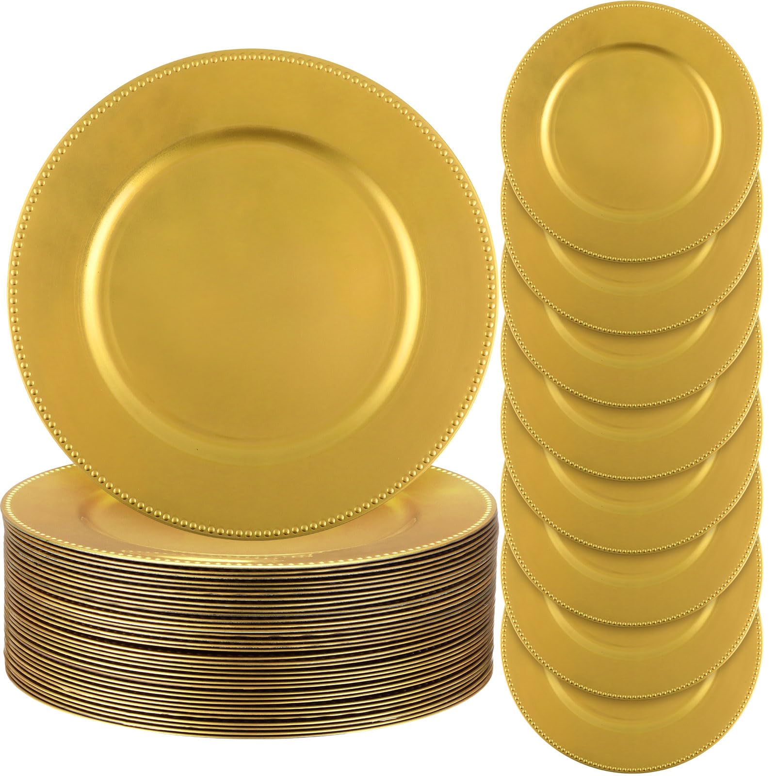 Photo 1 of Jinei 36 Pack Beaded Charger Plates 13 Inch Round Gold Charger Plates Vintage Table Decoration Reusable Dinner Tray for Table Wedding Halloween Thanksgiving Christmas Party Decoration