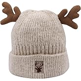 MOSSTYUS Cute Reindeer Moose Hat Winter Warm Knitted Beanie Cap Christmas Antler Beanie Ski Skull Cap for Women Men