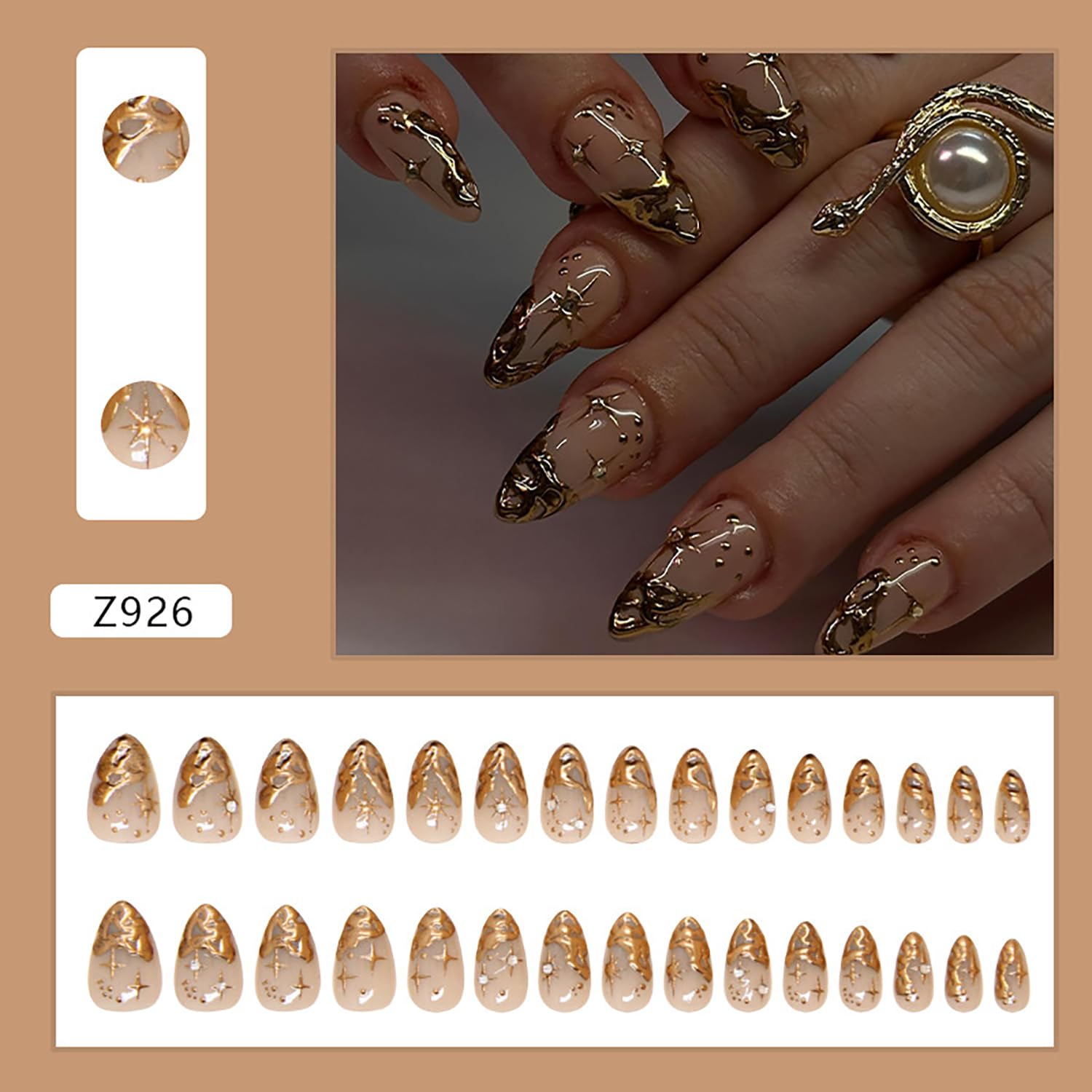 TBRZTR Gold French Tip Press on Nails - Medium Almond Shaped 3D Irregular False Nails With Stars Design Rhinestones - Acrylic Full Cover Coffin Nails - Reusable Glue on for Women 24Pcs - Image 4