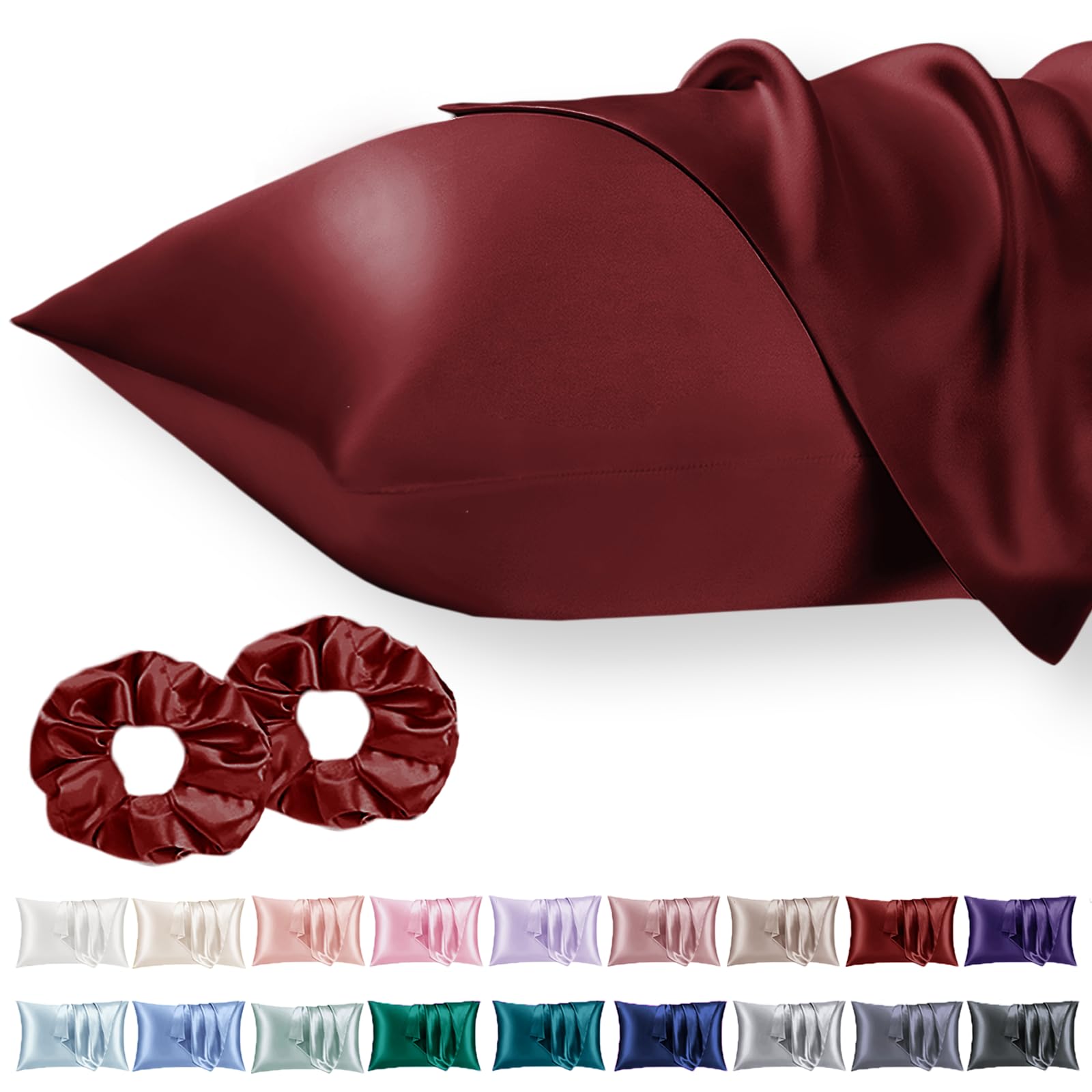Vielit 2 Pack Satin Pillowcase for Hair and Skin Cooling,Soft as Silk Pillowcase for Hair and Skin,Easier Care than Silk Pillow Case Wine 50x75cm Gifts for Women Envelope & 2 Scrunchies