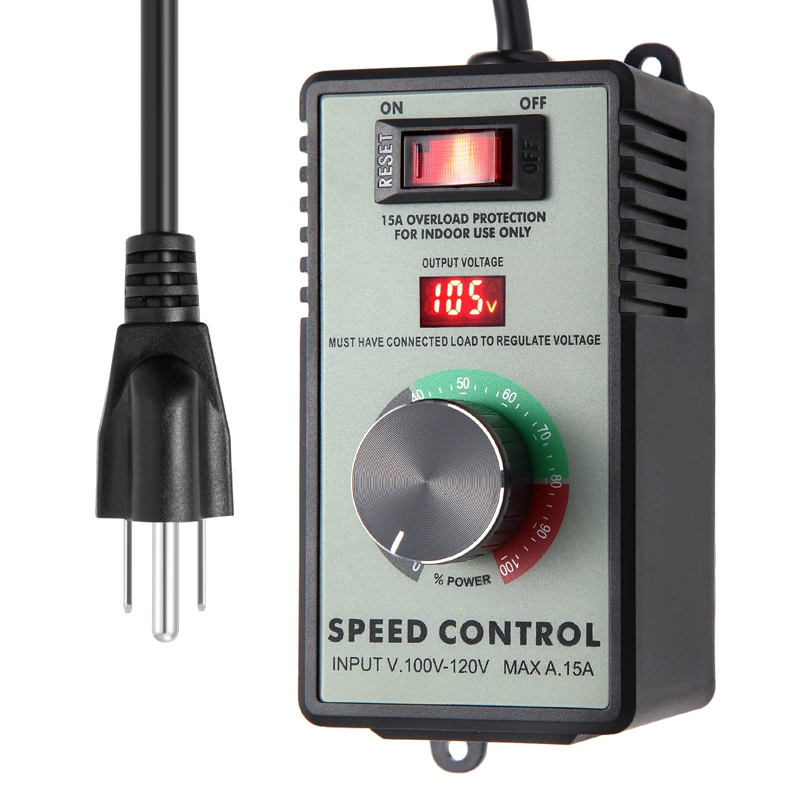AC Motor Speed Controller - 15A Max 120V Fan Speed Regulator With Voltage Display