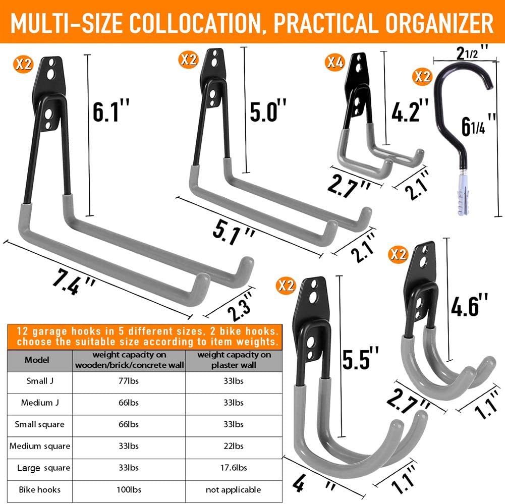 Garage Hooks, 14 Pack Wall Mount Utility Hooks Heavy Duty Steel Garage Storage Hooks Double Hangers with Bike Hooks for Organizing Ladders, Bicycle, Ropes, Power Tools, Garden Tools, Bulk Items - - 