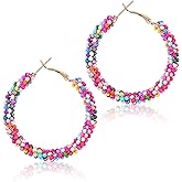 Colorful Beaded Earrings for Women, Boho Flower Hoop Earrings, Boho Trendy Summer Beach Jewelry Gift, Floral Hoop Earring, Plated Gold