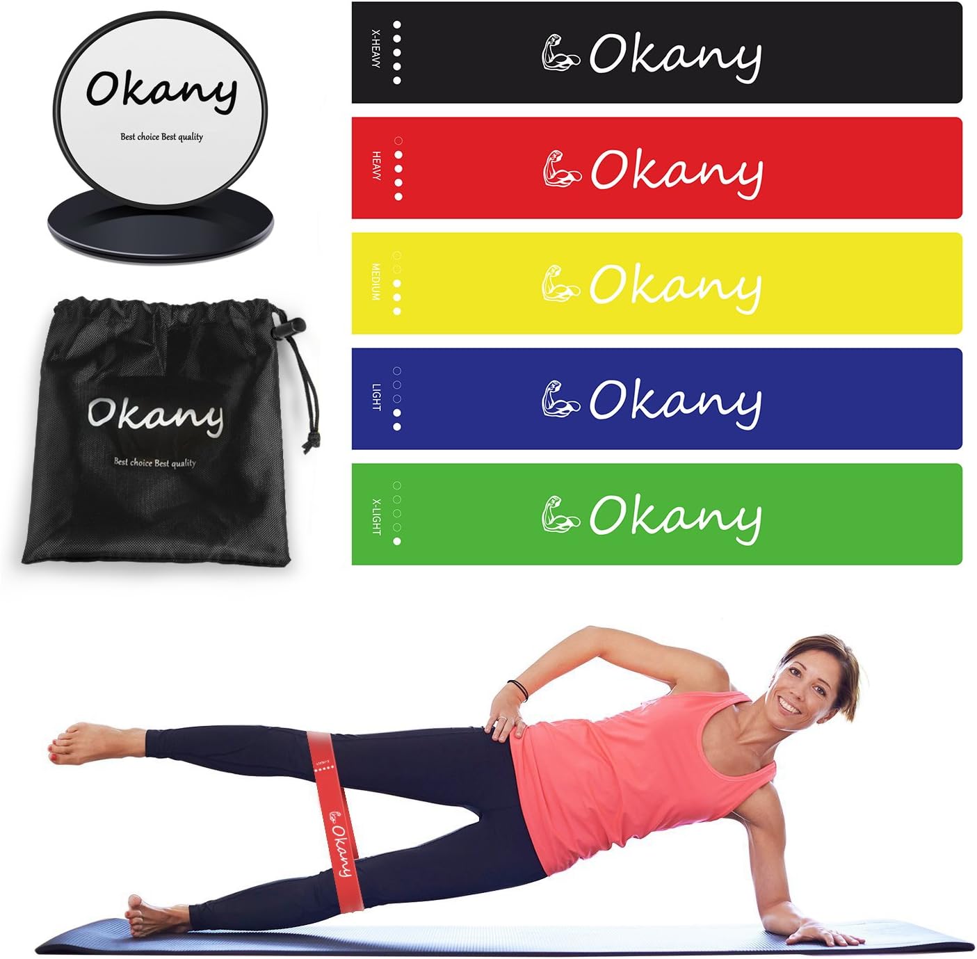 Okany Core Sliders Gliding Disk and 5 Exercise Resistance Loop Bands, Double-sided Sliding Discs, Resistance Bands for Intense, Low-Impact Exercises to Strengthen Core, Glutes, Abs Fitness