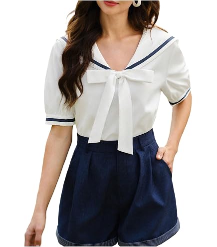 KUFEIUP Women's Short Sleeve Navy Collar Sailor Tops Pullover