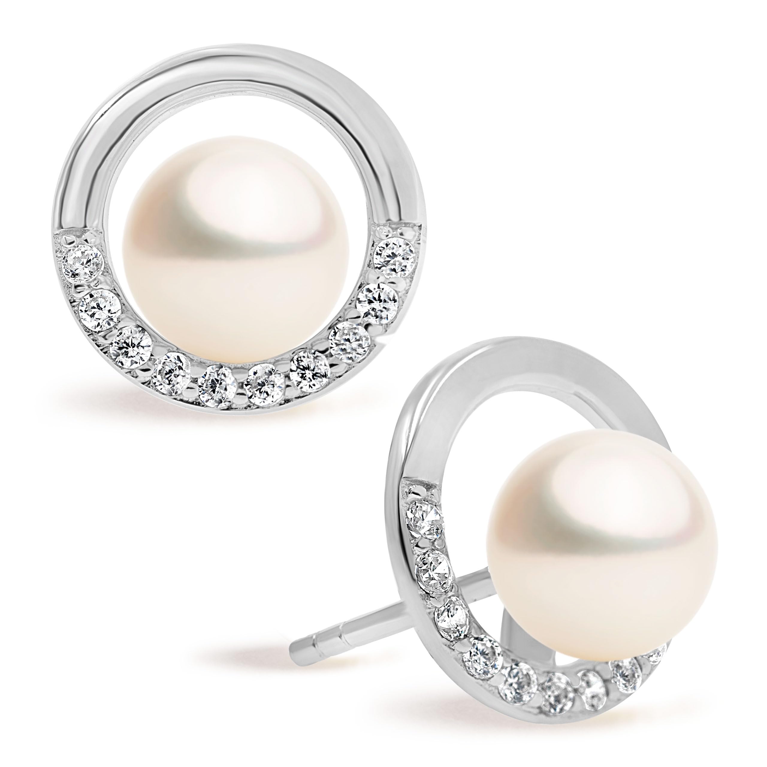 Women Pearl Earrings Freshwater Cultured Pearls Button Shape 7,5 to 8 mm by SECRET & YOU | Rhodium-plated Sterling Silver 925.