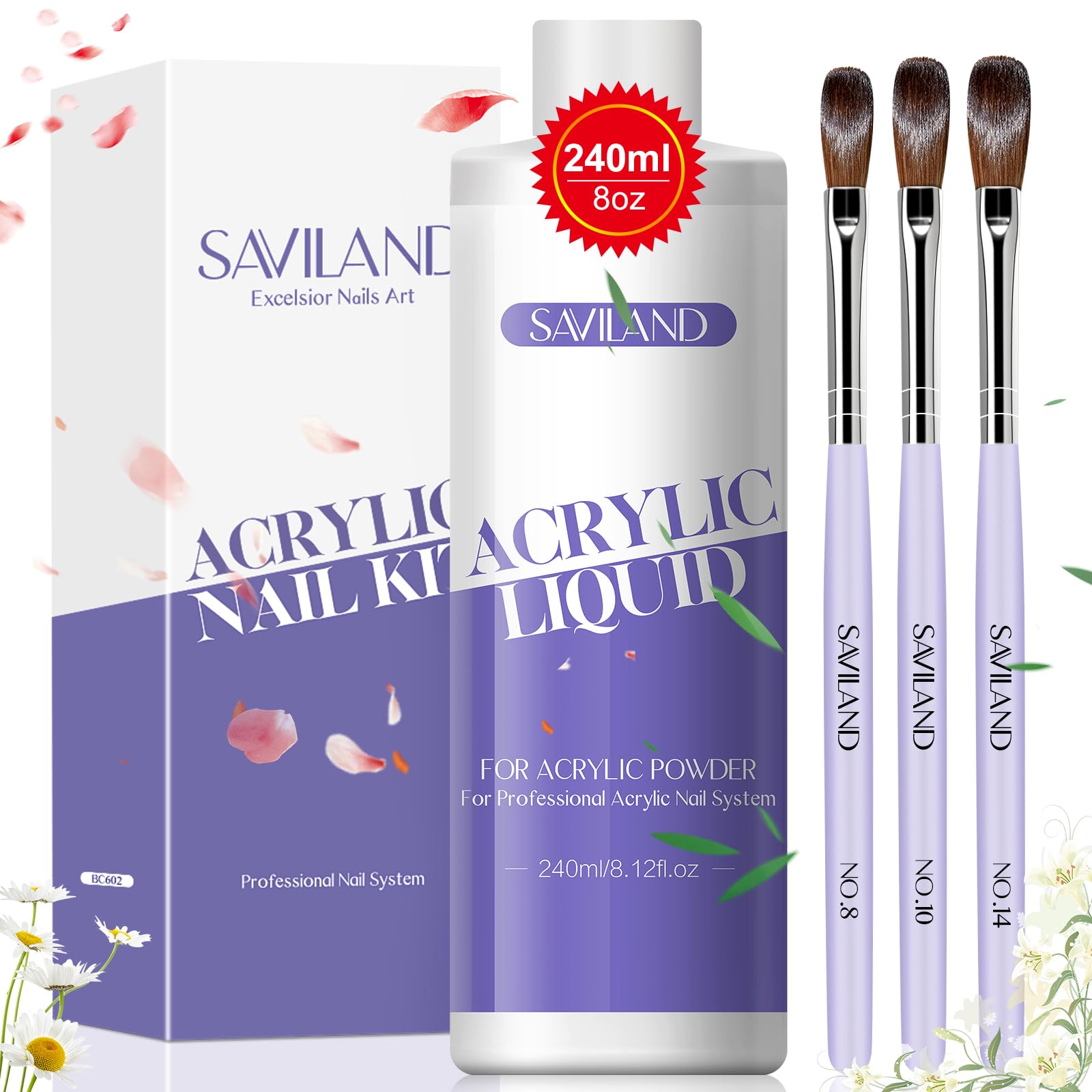 Saviland 240ml Acrylic Liquid Monomer With 3PCS Brushes (8/10/14) for Nail Kit System Application, 8.11fl.oz for Nails Extension & Carving