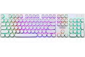 HUO JI E-Yooso Z-88 Mechanical Gaming Keyboard Wired Typewriter Style with Programmable RGB Backlit Clicky Blue Switches Retro Round Keycap Metal Panel for Mac/PC, White