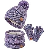 Kids Winter Hat Gloves Scarf Set,Girls Toddler Children Hats Beanie with Pom Knit Neck Warmer Gaiter Mittens Fleece Lined Set