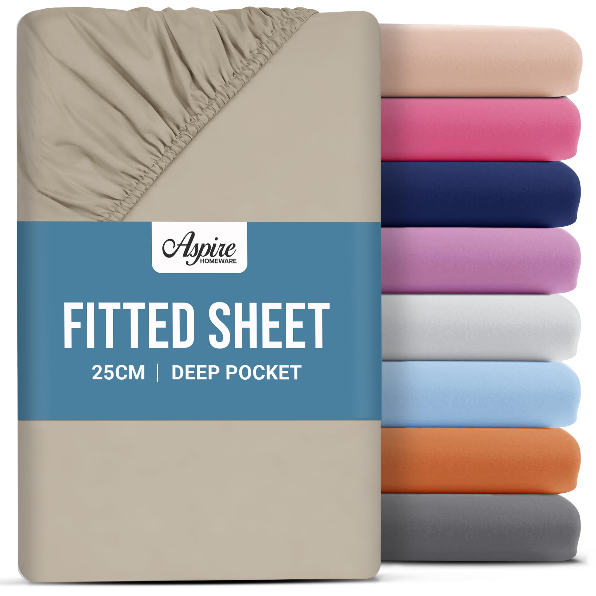 Aspire Homeware Double Fitted Sheet - 25 cm Deep Hotel Quality (Cream) Bed Sheets - Soft & Breathable Fitted Bed Sheets Double - Anti-Wrinkle Easy Care Fitted Sheets