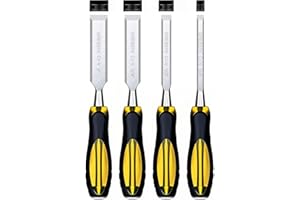 GREBSTK 4 Pcs Wood Chisel Set, CRV Steel Bevel Sharp Edge Bench Chisels with Metal Striking Cap, Comfortable Oversized PVC Handle, for Woodworking and DIY Projects, 10"x(1/4", 1/2", 3/4", 1")