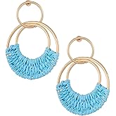 MINACHI Bohemian Raffia Tassel Dangle Drop Hoop Earrings, Boho Hippie Summer Beach Jewelry Gift for Women