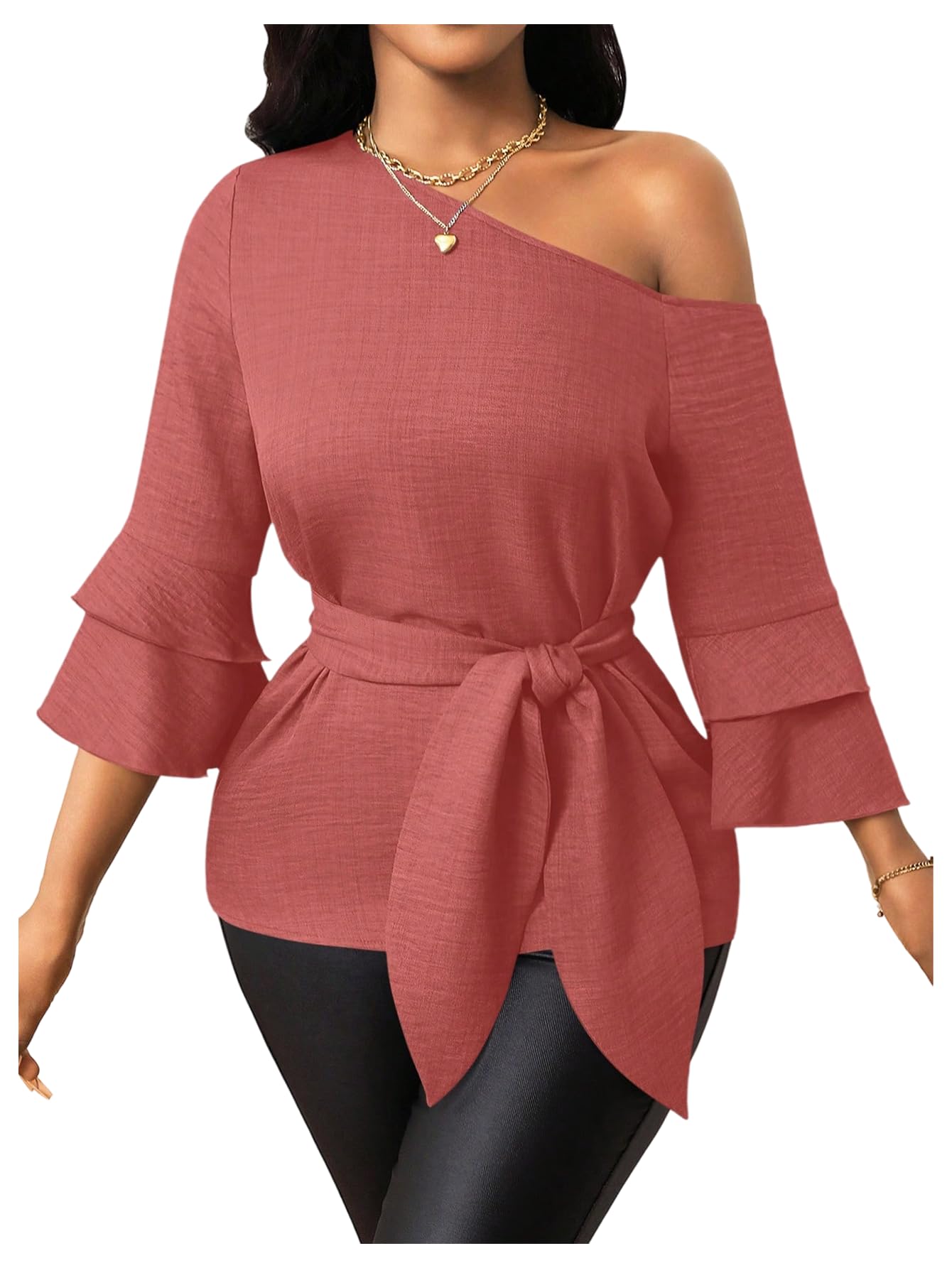 Photo 1 of Floerns Women's Asymmetrical Neck Dressy Blouse 3/4 Length Bell Sleeve Office Belted Shirts Redwood Large