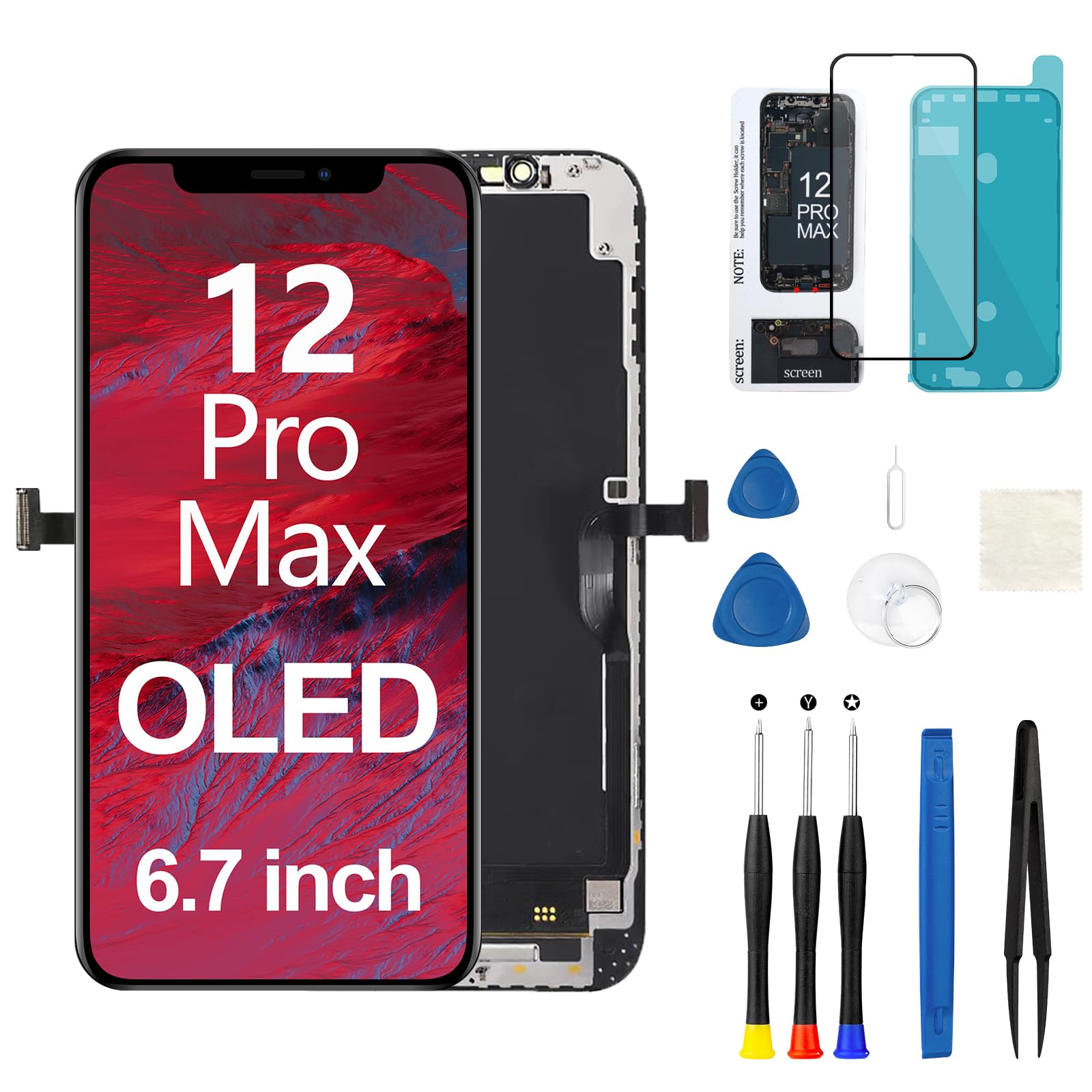 Photo 1 of OLED Screen for iPhone 12 Pro Max Screen Replacement 6.7 inch [OLED, NOT LCD], 3D Touch Display Full HD Digitizer Frame Retain Face ID Full Assembly A2411 A2342 A2410 A2412 with Repair Tools Kit