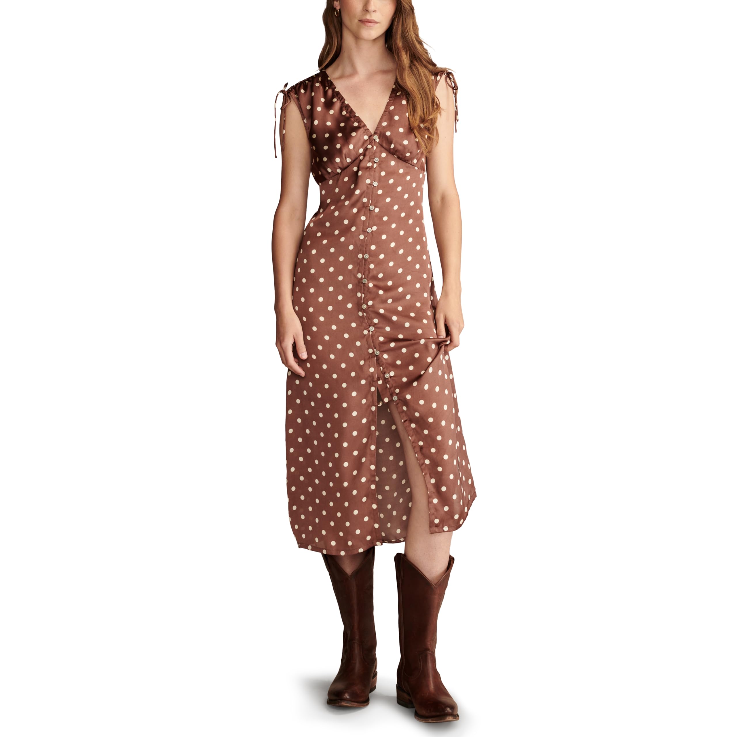 Lucky Brand Women’s Satin Button Through Midi Dress, Maroon Dot
