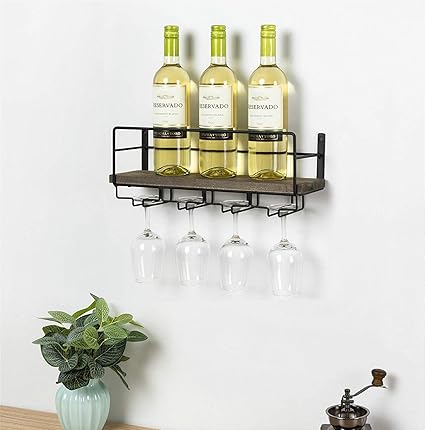 INDIAN DECOR. 28758 Wall Mounted Rustic Wood Wine Rack with 4 Long Stem Glass Holder | Home Kitchen D