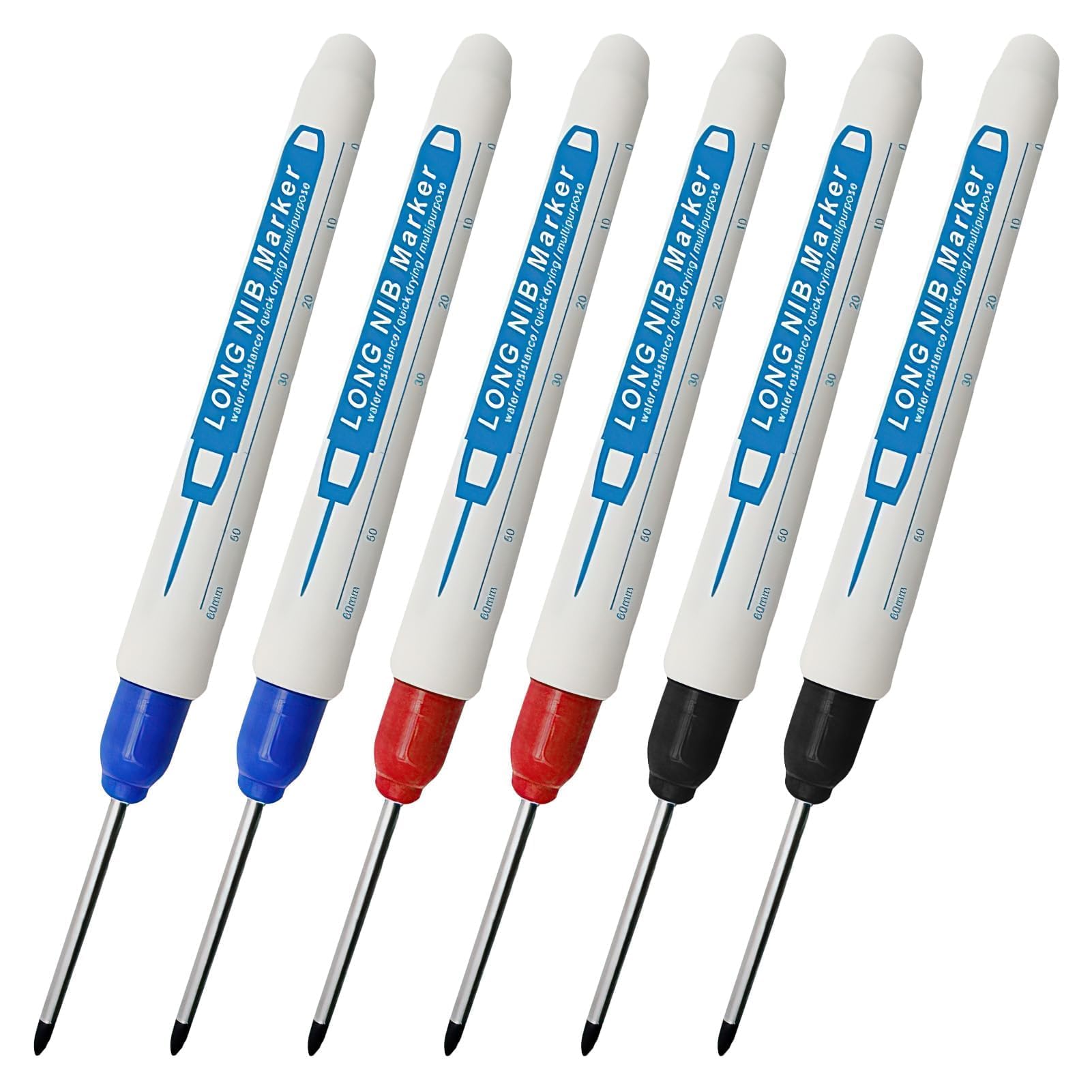 6PCS Long Head Deep Hole Marker Carpenters Pens, 30mm Extra Long Reach Pen Fine Tip Permanent Marker Pens Hole Marker Tool for Permanent Marking of Hard to Reach Areas (Black Blue Red)