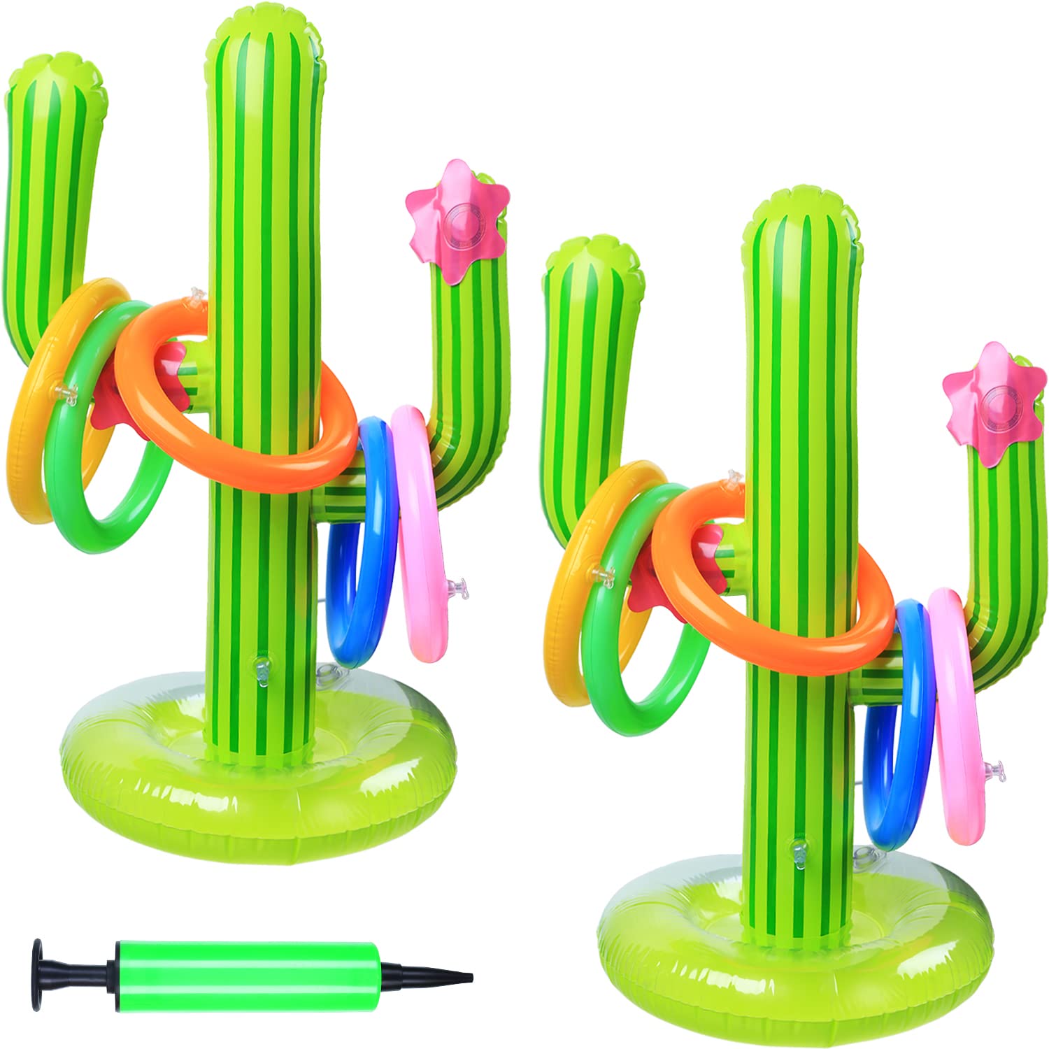 Photo 1 of Gejoy 2 Pieces Inflatable Cactus Ring Toss Game Set Floating Swimming Ring Toss with 10 Pieces Inflatable Rings for Summer Hawaiian Pool Beach Luau Party Supplies