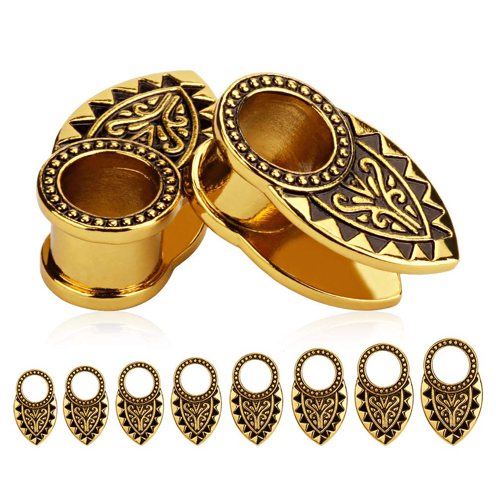 Gold & Black Tribal Ear Tunnels Aztec Plugs Copper Vintage Gauges Earrings Piercings Brass Clip Sold As a pair