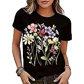 IUHGNEHS Women Floral Graphic Tee Short Sleeve T Shirts Vintage Wildflower Flowers Printed Summer Tops Tshirt