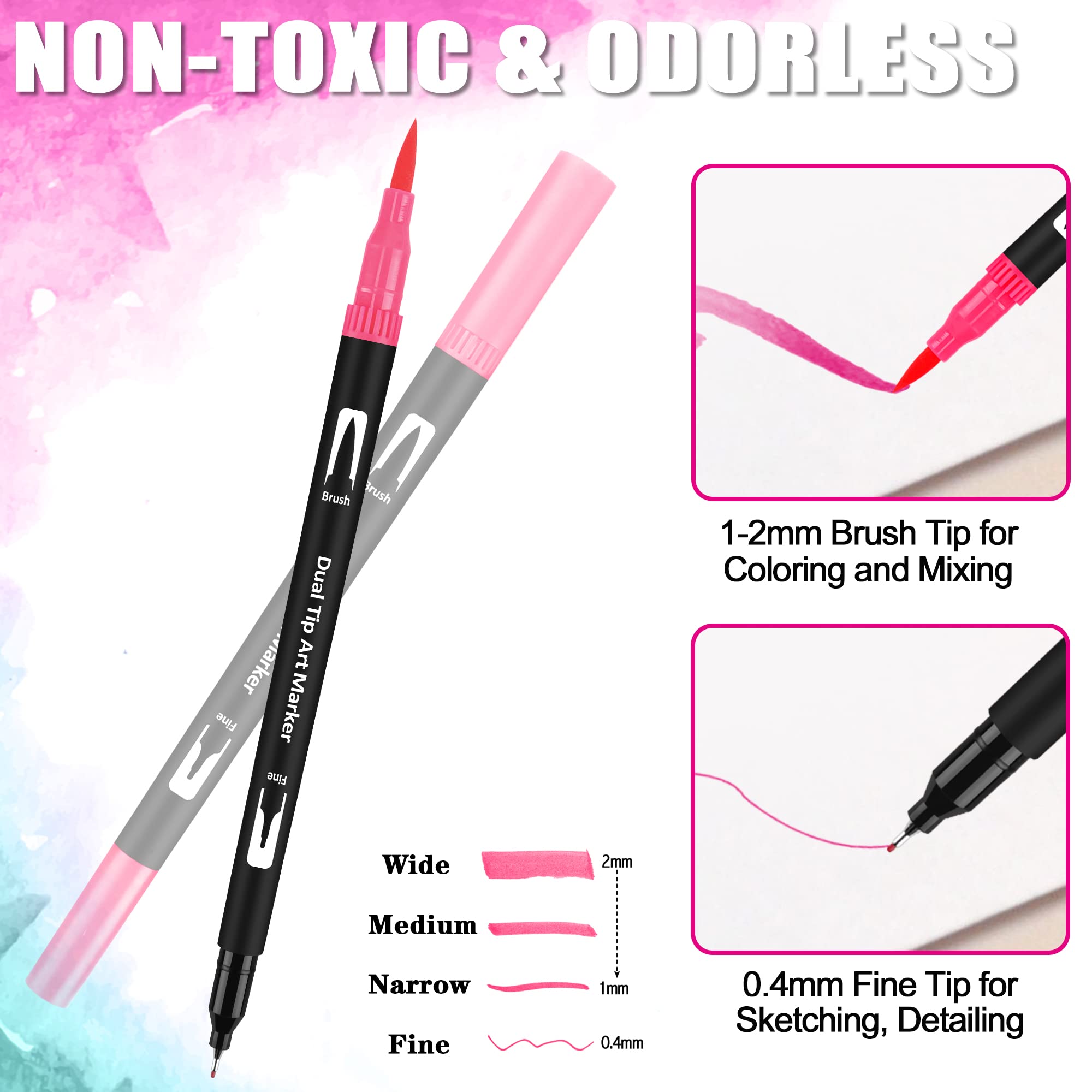 wonsar Dual Brush Pen Set: Filzstifte 24 Farben Dicke und Dünne Pinselstifte Marker Fineliner Aquarell Für Bullet Journal, Malbücher, Handlettering, Mandala stifte Malstifte Für Kinder und Erwachsene 2