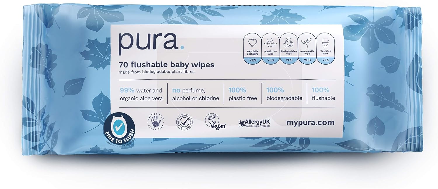 Pura Flushable Baby Wipes 12 x 60 per pack, (720 Water Based Wet Wipes) 100% Plastic Free, 99% Water - Image 3