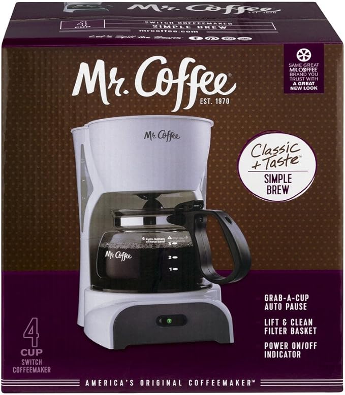 Mr. Coffee Simple Brew 4Cup Switch Coffee Maker with Removable Filter, White