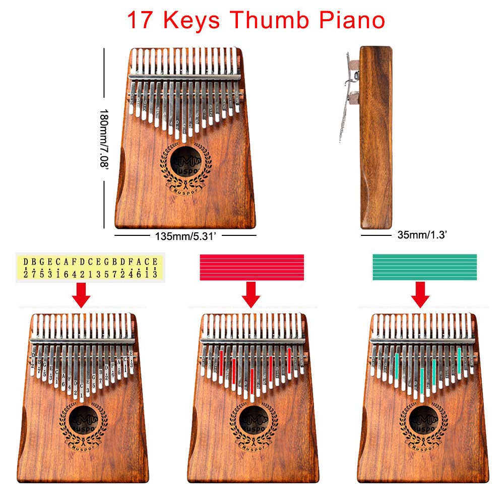 Kalimba 17 Tasti Professionale in Legno Massello KOA Thumb/Finger Piano, Portatile Mbira Inclusi Musica Libro Martello di Sintonia Borsa per Trasporto Custodia Protettiva di Pollice-Muspor