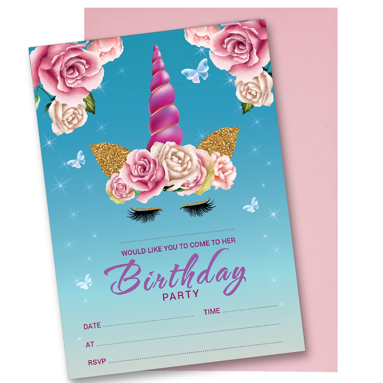 DRAAK 10 x Unicorn Birthday Party Invitations Invites Girl Children Kids Pack Blue (10 Pack)