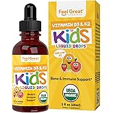 Feel Great USDA Organic Liquid Vitamin D Drops for Infants & Toddlers (2 oz) w/ K2 for Absorption | Vitamin D for Kids Supports Immune Support & Bone Health | Sugar Free, Vegan, Non-GMO & Gluten Free