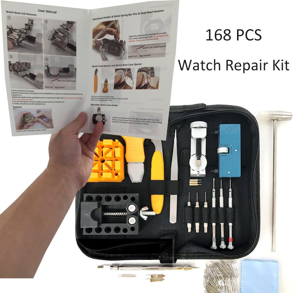 HAOBAIMEI 168 PCS Watch Repair Tool Kit, Case Opener Spring Bar Watch Band Link Tool Set With Carrying Bag, Replace Watch Battery Helper Multifunctional Tools With User Manual For Beginner: Home Improvement