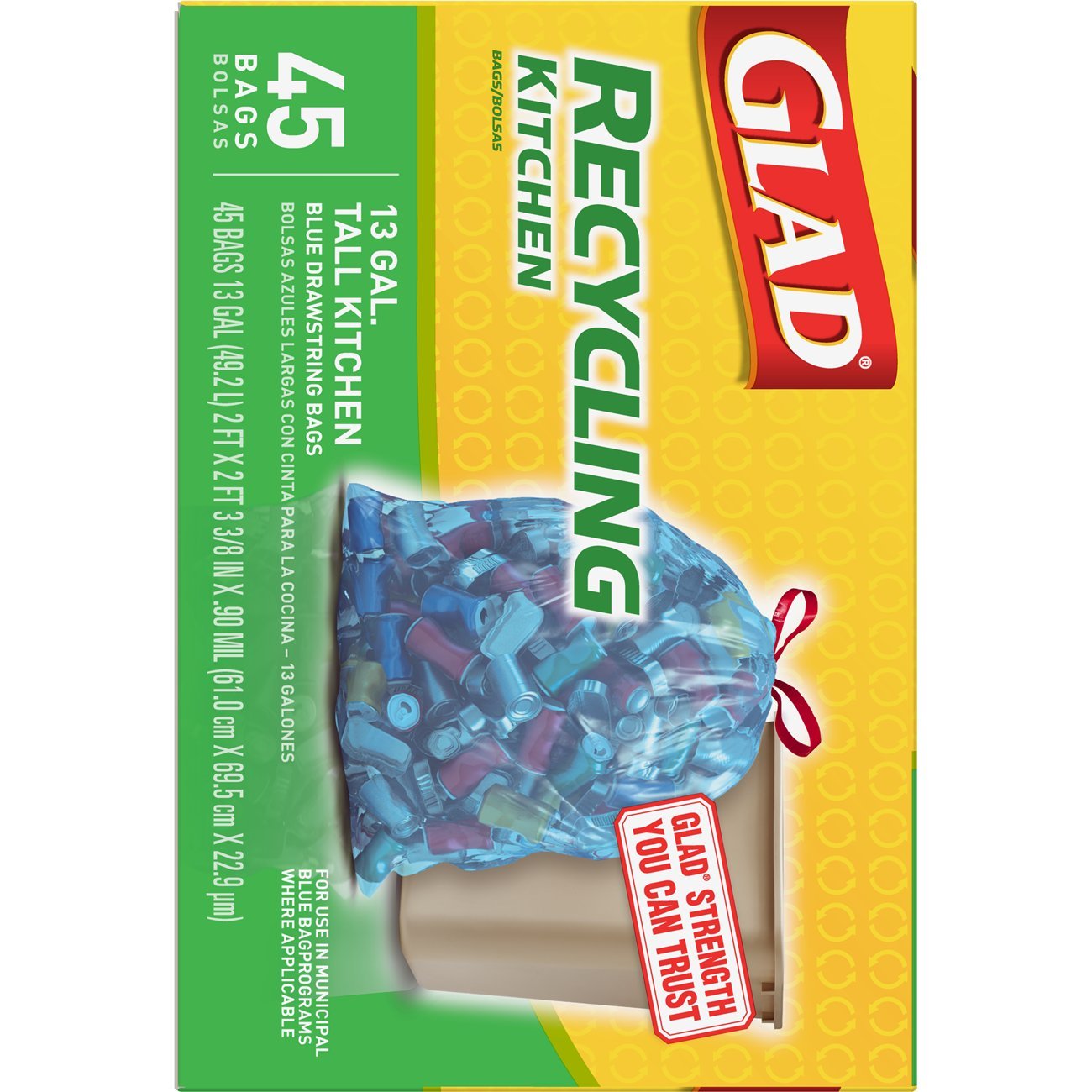 Glad Recycling Tall Drawstring Kitchen Blue Trash Bags 13 Gallon 45