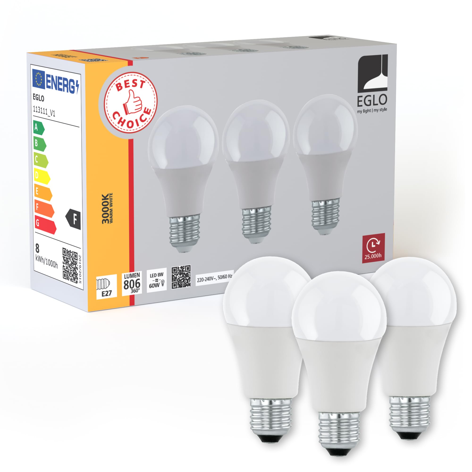 Eglo Set of 3 E27 LED Light Bulbs, Milky Lightbulbs, Classic, 8.5 W Each, Warm White Bulb, 3000 K, A60 Bulb, Ø 6 cm