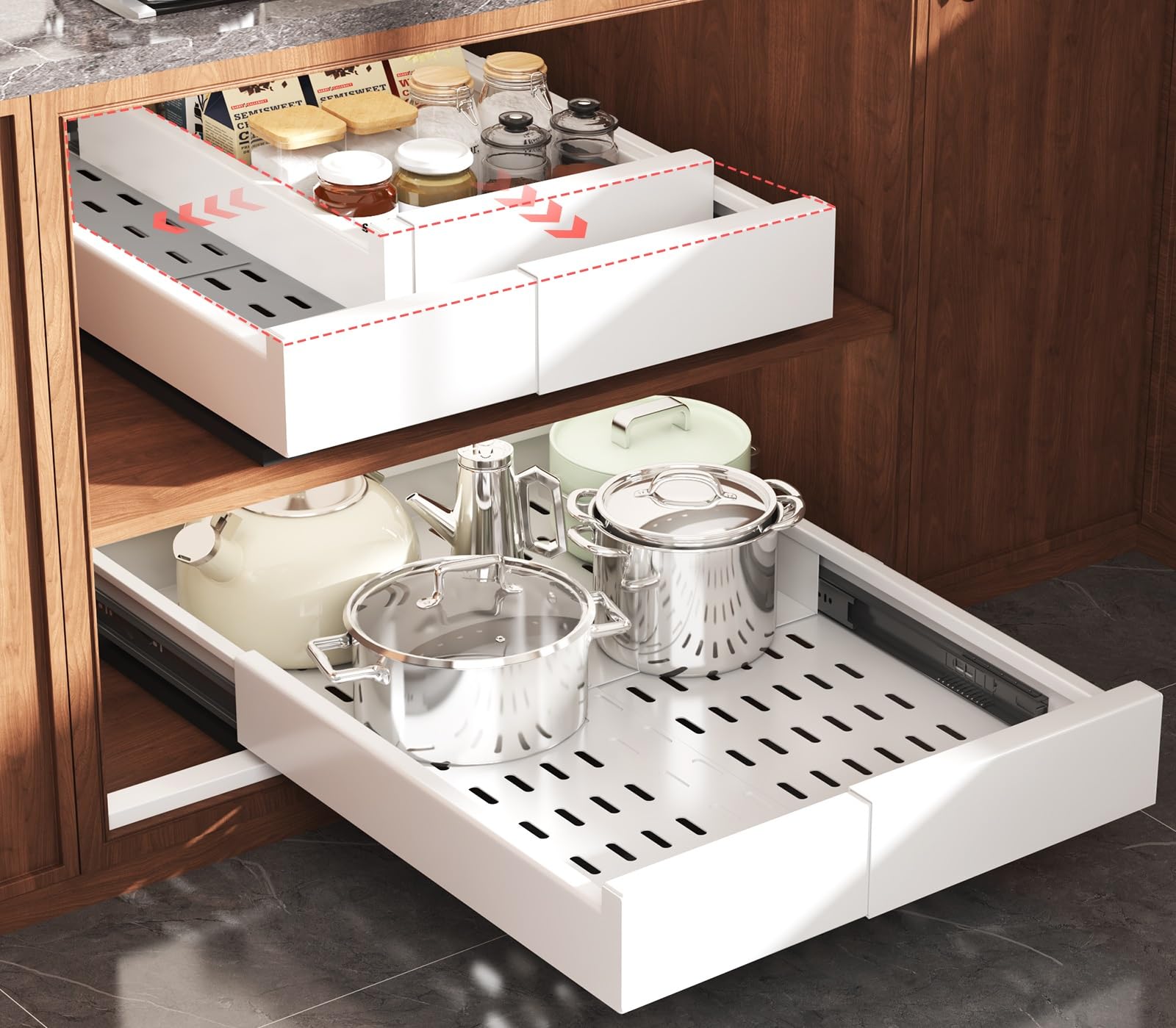 Photo 1 of Seinloes 2 Pack Pull Out Cabinet Organizer Expandable Width(11"-16") and Depth(17"-24"),Slide Out Drawers with Raising Pad for Framed Cabinets,No Drill Roll Out Shelves for Kitchen,Bathroom,White