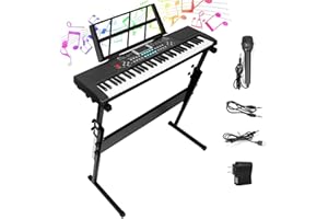 TeqHome 61 Key Keyboard Piano with Piano Stand, Height Adjustable Full Size Electric Piano Keyboard w/Microphone, Sheet Music Stand, Portable Electronic Keyboard Piano,Note Stickers,Built-In Speakers