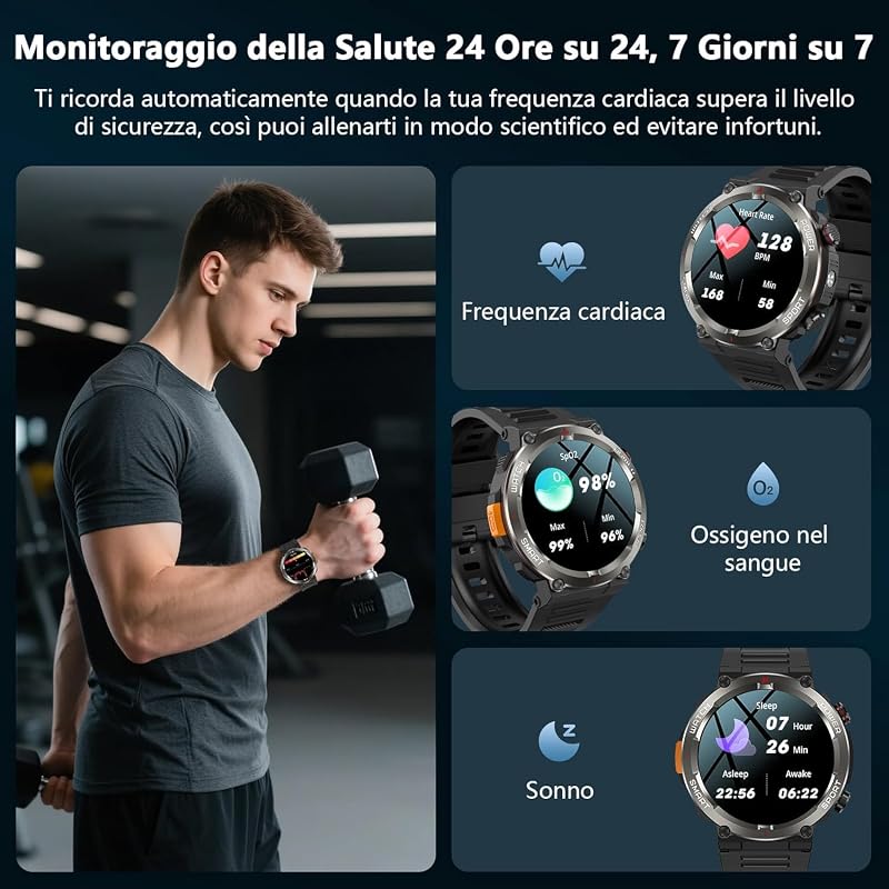Smartwatch Uomo con Batteria 960mAh, Torcia LED, Bussola