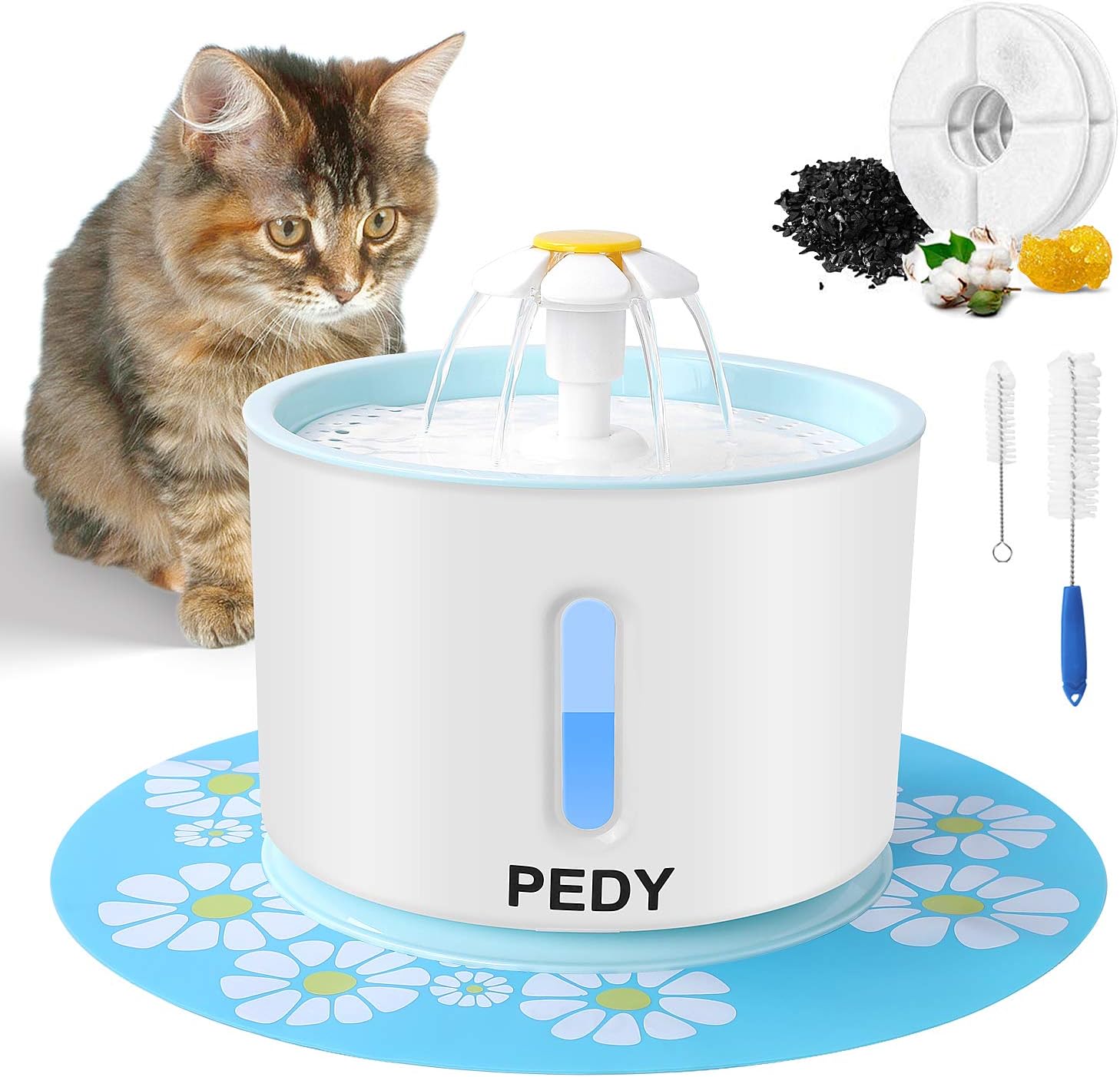 Pedy Cat Water Fountain, Automatic Pet Fountain with LED Light Switch & Water Level Window, 81oz/2.4L